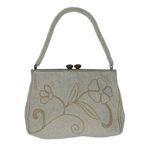 Vintage Beaded‎ Tonal Floral Detail Evening Bag Crystal Kiss Clasp Beaded Handle